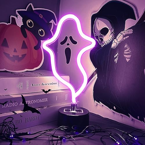 Miniatura 4 de Letrero de neón de fantasma de Halloween, decoración de Halloween, letrero de luz LED de neón con base, lámpara con forma de fantasma con batería o