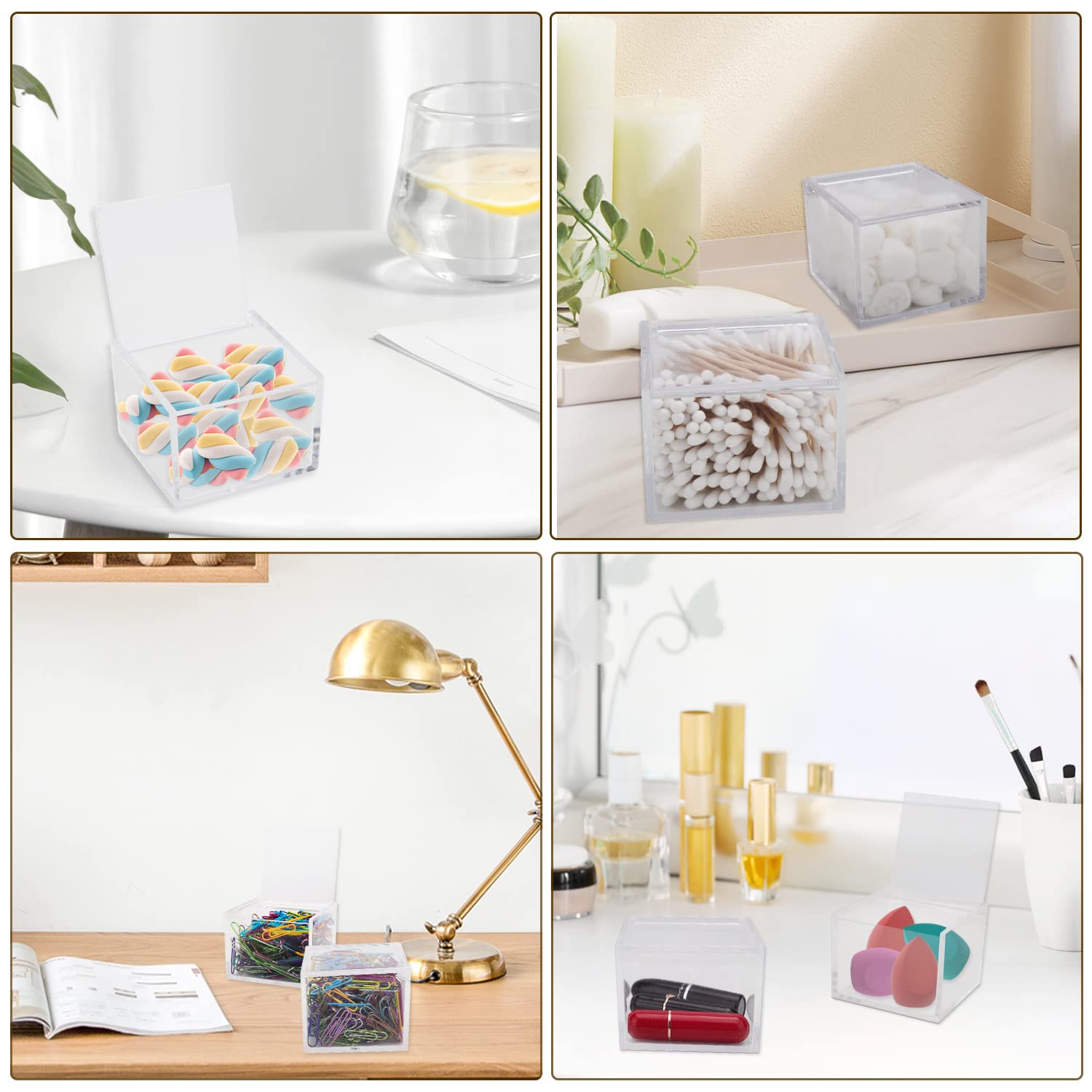 Paquete de 2 soportes de clip de papel acrílico transparente con tapa, bonito dispensador de clips de papel para organizadores de escritorio, organizador de accesorios estéticos para el cabello