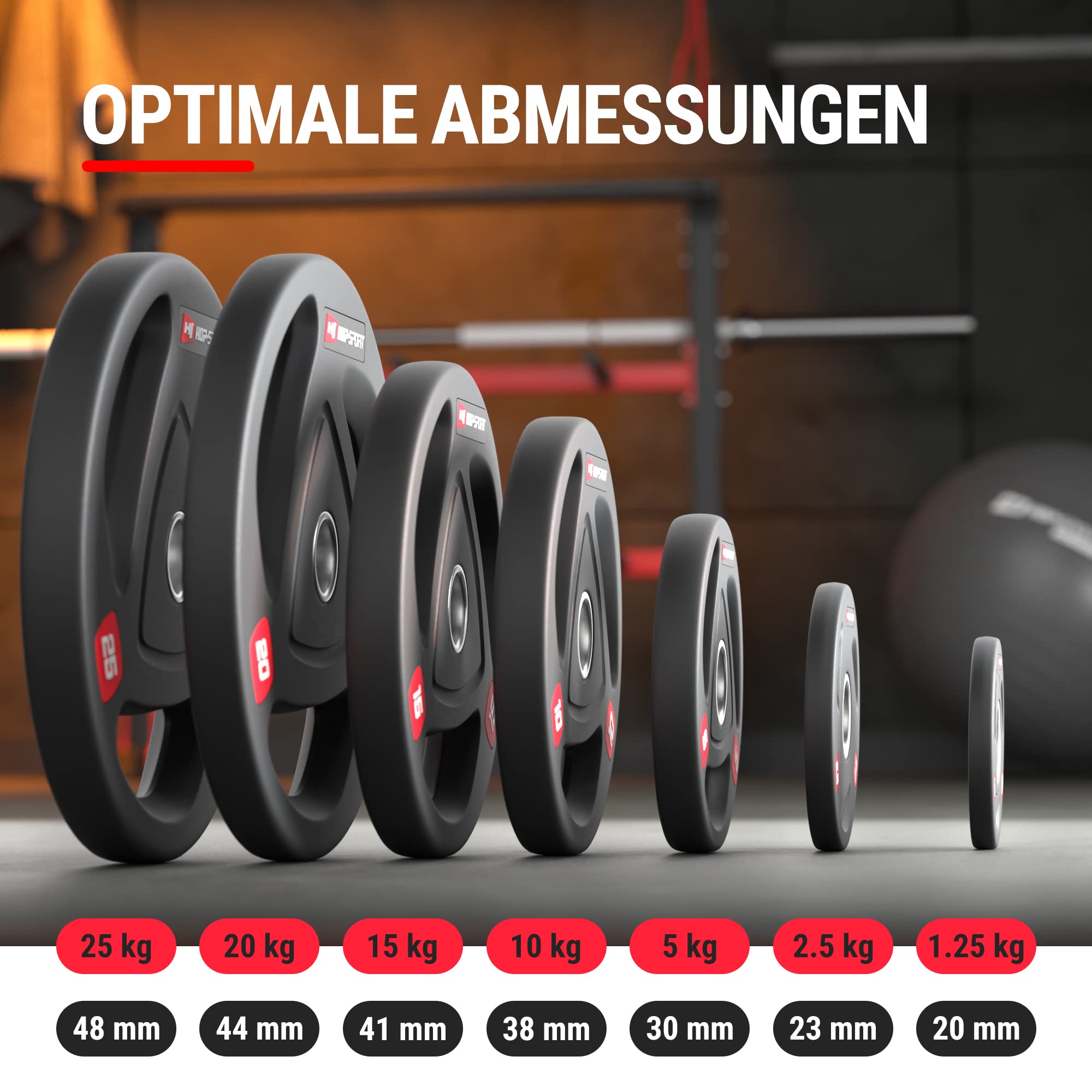 Hop-Sport Hantelscheiben 50mm Set, olympische Gewichtsscheiben aus Gusseisen für Langhantelstangen, Bumper Plates mit rutschfester gummierter Oberfläche für Krafttraining | 30 kg Set (2 x 15 kg)
