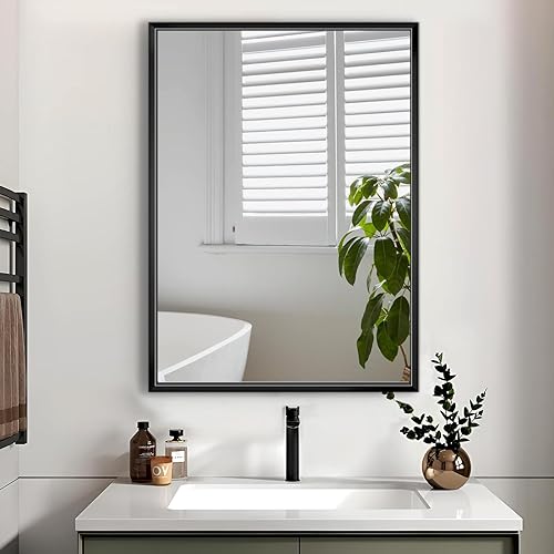 FEUKNY Espejo de baño con marco de metal negro de 22 x 30 pulgadas, espejo de pared rectangular, antioxidante, espejo de tocador de vidrio templado