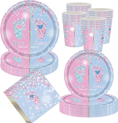 Suministros para fiesta de revelación de género, platos de papel desechables para niños o niñas, juego de suministros de fiesta de cumpleaños,