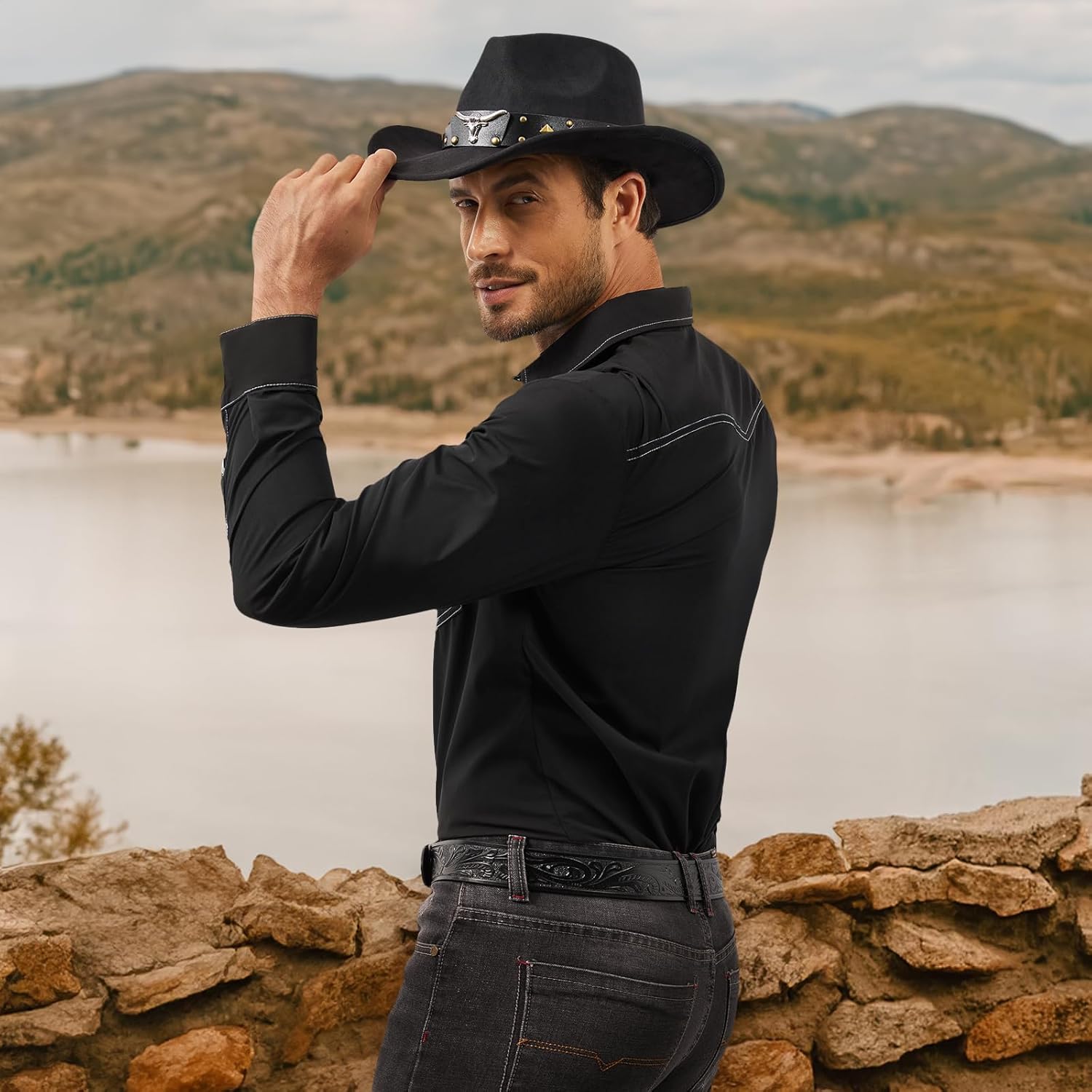 Cowboy Shirts for Men Western Casual Work Long Sleeve Plaid Button Down Shirts Vintage Country Style Slim Fit Top - Image 4