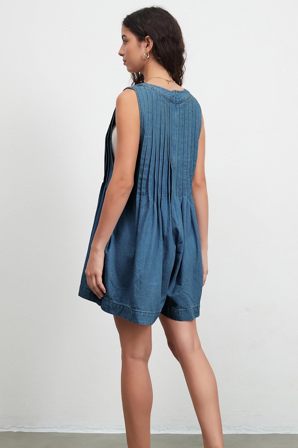 D-Sun Women Summer Sleeveless Denim Romper Casual V Neck Tie Front Ruffled Denim Short Overall Jumpsuit with Pocket - Image 3