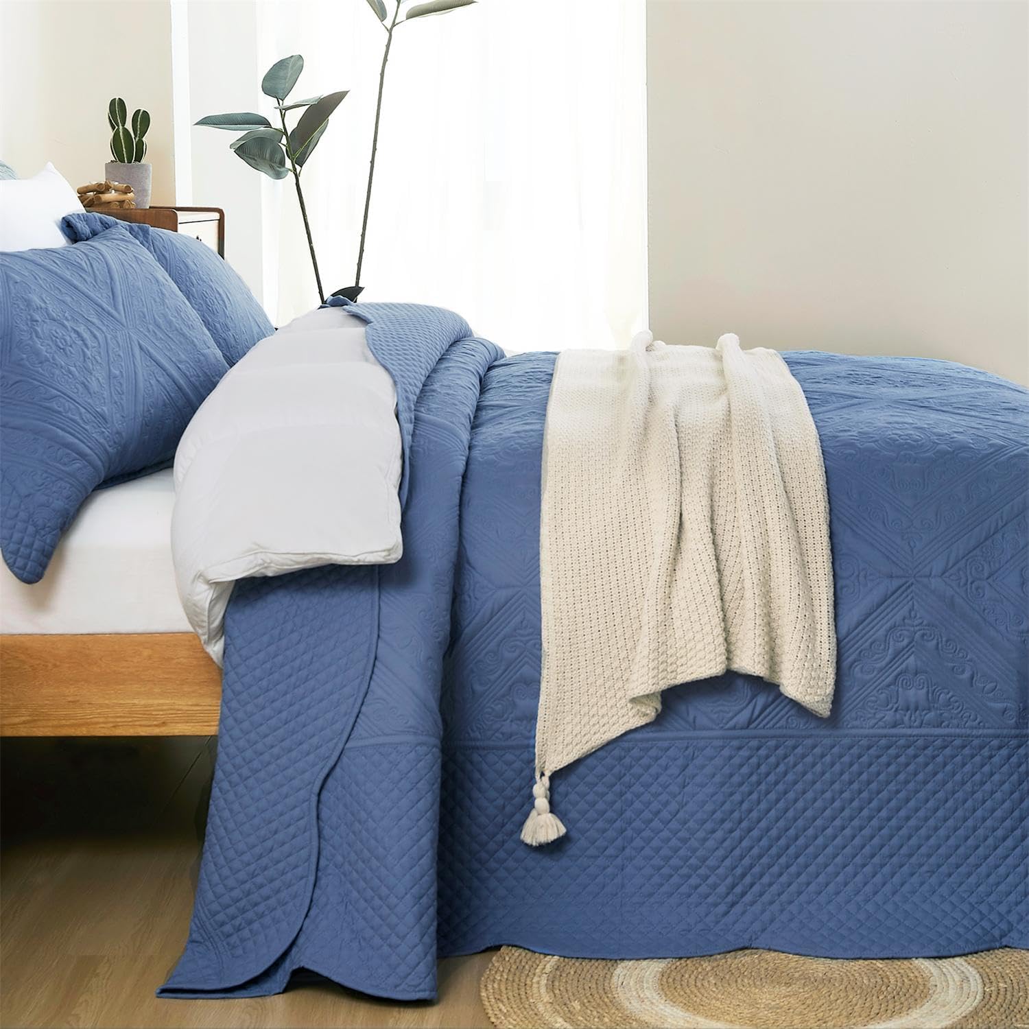 Cmfshape Super King Quilt 128x120-Blue California King Bedspread with 2 Pillow Shams-Mordern Bedding Set for All Season-Soft Lightweight Coverlet to Floor