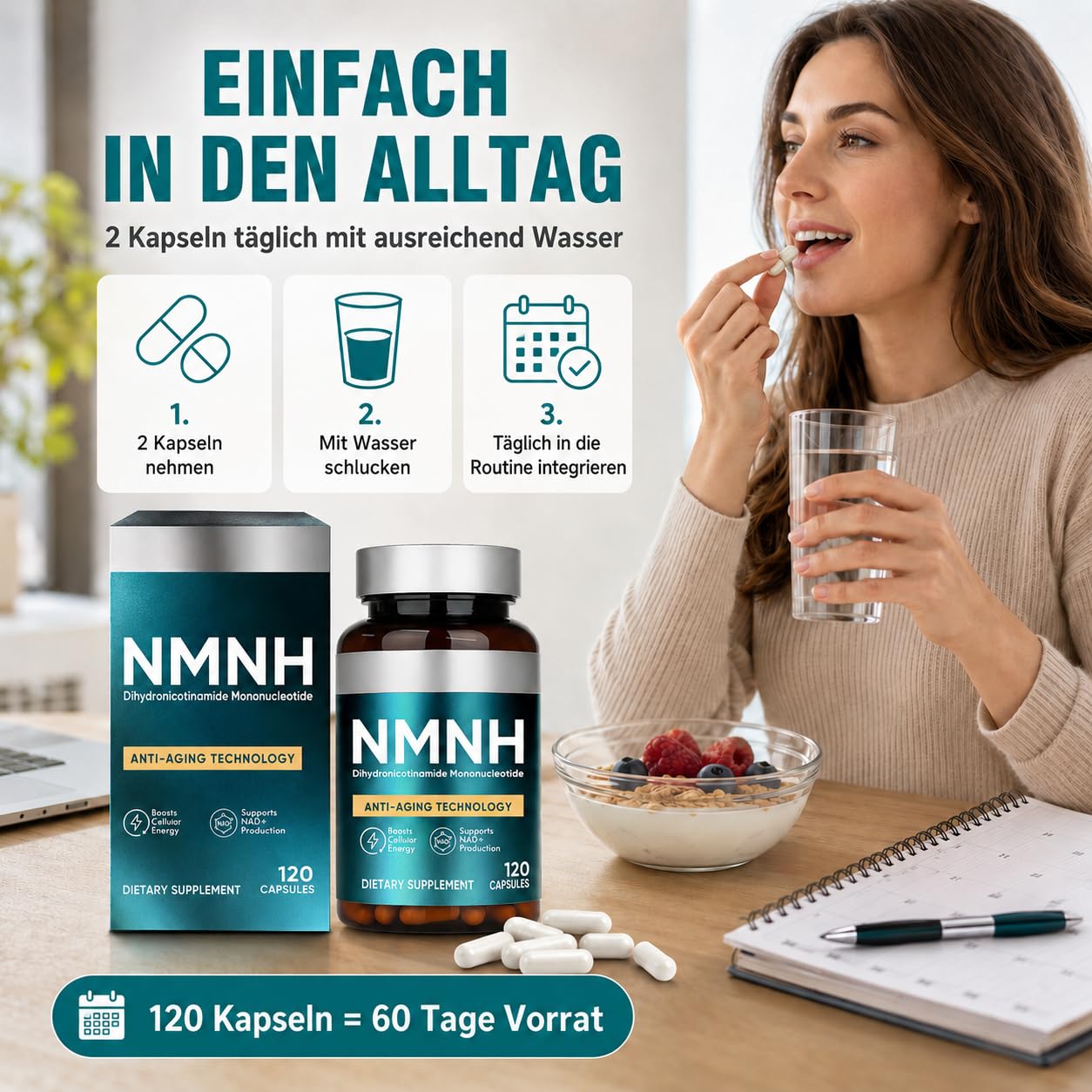 NMNH Kapseln 120pcs, Zur Steigerung Des NAD+-Spiegels, NMNH Supplement | Anti-Aging & Konzentration, Zellenergie Und Vitalität, Vegan & Ohne Zusätze