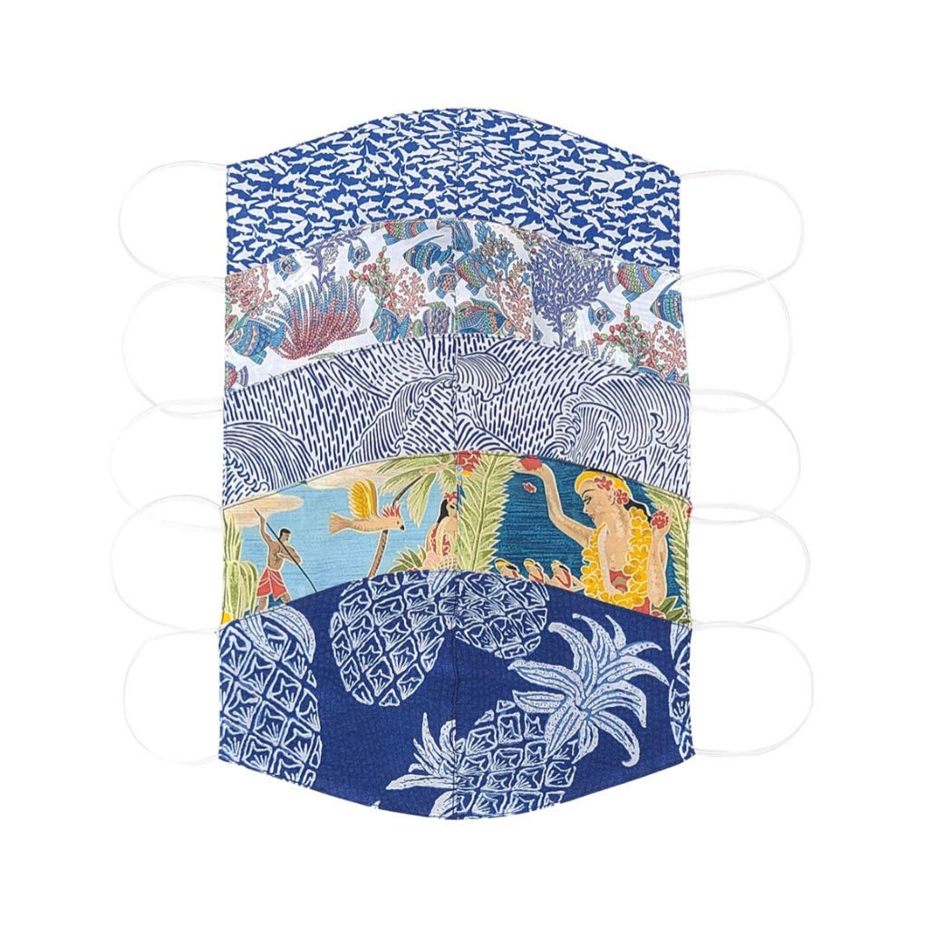 Tori Richard Hawaiian Aloha Print Reversible Cloth Unisex Face Masks (Assorted 5 Pack) , Reusable Nose Mouth Cover, Elastic Earloops Washable/Breathable