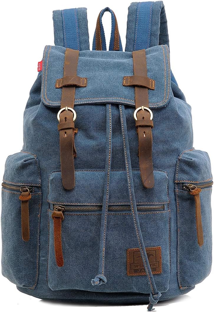 HuaChen Vintage Canvas Travel Backpack with Leather Trim, Laptop Padded Sleeve, Hidden Back Security Pocket, Fits 14-Inch, M32 Blue