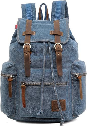 HuaChen Mochila de lona vintage, mochila de viaje casual con cuero para hombres y mujeres, compartimento para portátil M32, azul