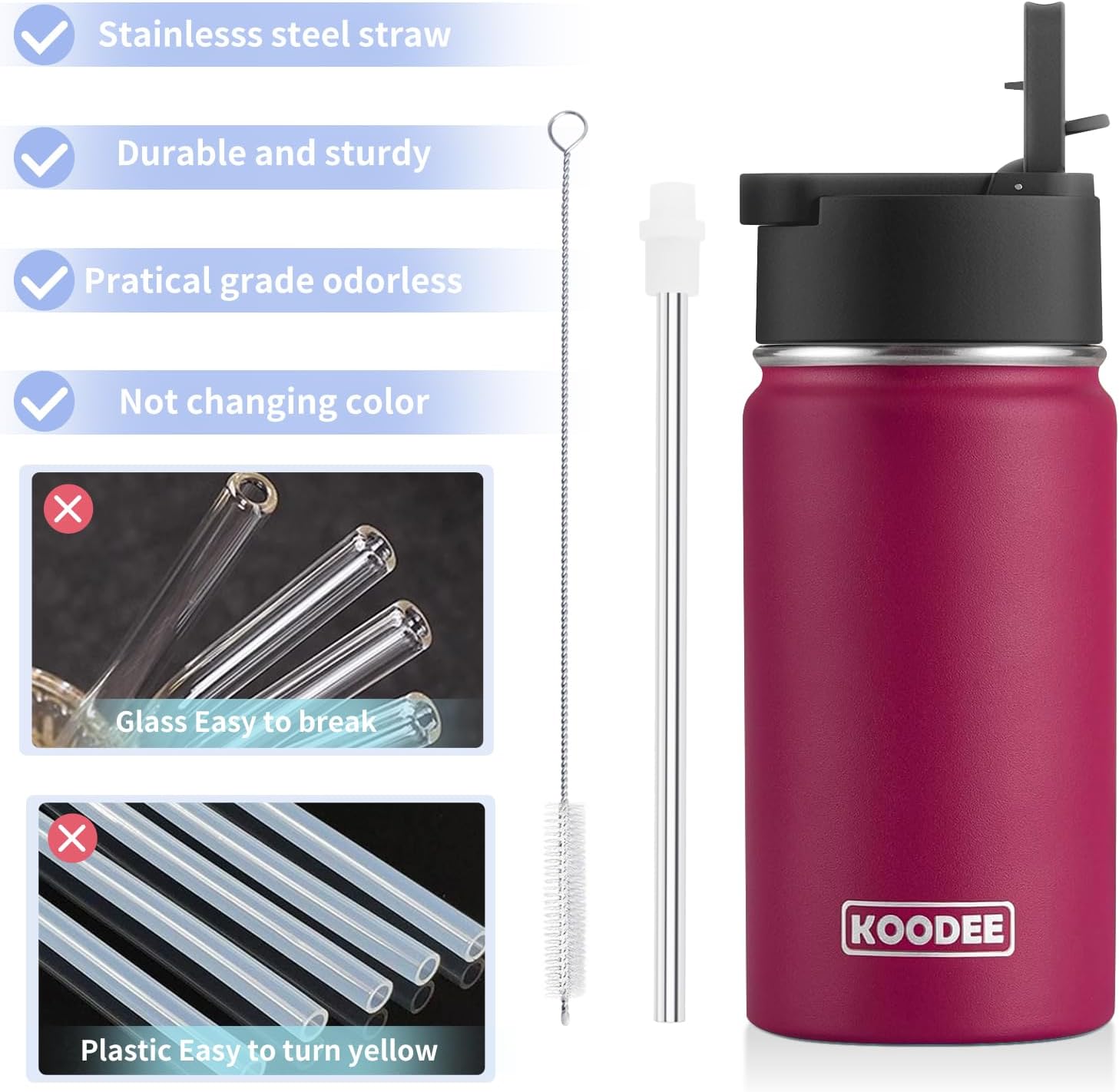 koodee Insulated Water Bottle 2 Pack Stainless Steel Double Wall Vacuum Wide Mouth Sports Water Bottle BPA Free-12 oz Small Water Bottle for School (Fuchsia Red-Teal) - Image 7