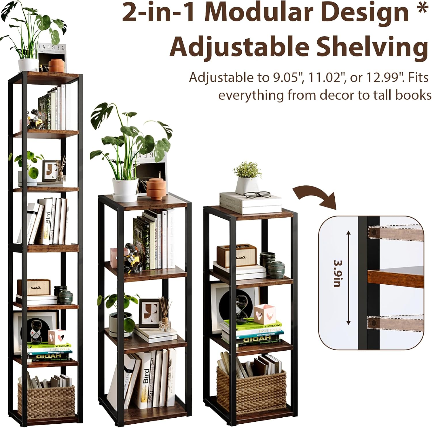 Narrow Bookshelf, 7 Tier Tall Bookshelves with Adjustable Shelves, DIY Stackable Bookshelf, Shelf Storage Organizer for Small Space, Living Room, Office, Study, Entryway, Industrial, Rustic Brown