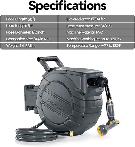 Miniatura 9 de Carrete de manguera de jardín retráctil de 12 pulgada x 50 pies, soporte de metal, bloqueo de trinquete doble mejorado 2025, protección UV y