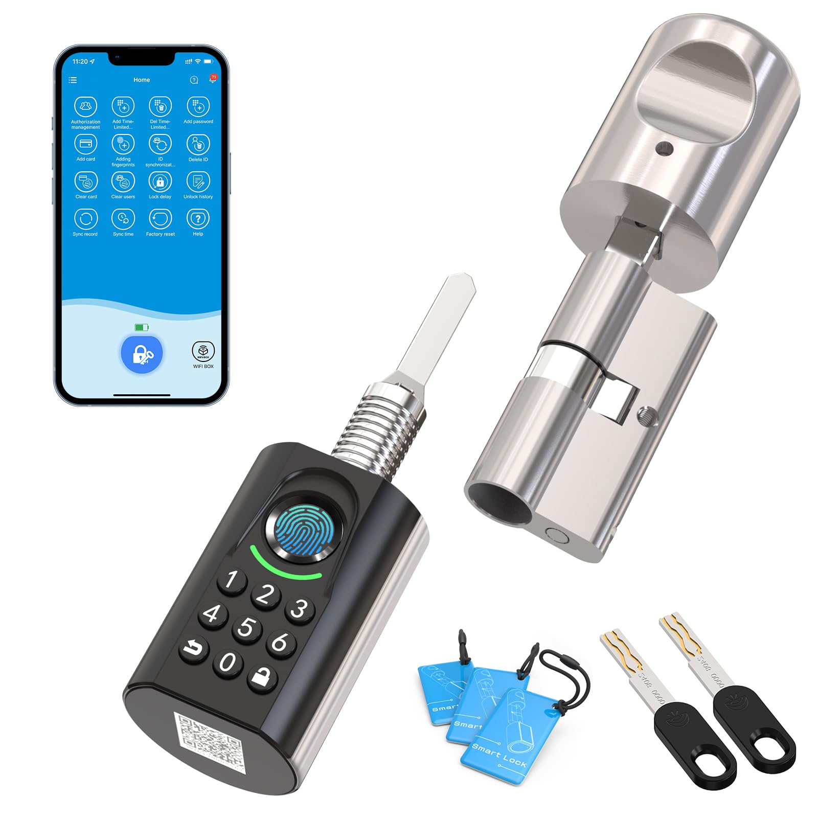 WELOCK U71 Fingerabdruck Passwort Türschloss mit Schlüssel für EU-Profiltür | Elektronisches Türschloss Code mit App und Karte, Zahlencode Türschloss Verstellbarer, Smart Lock für 60-90mm tür