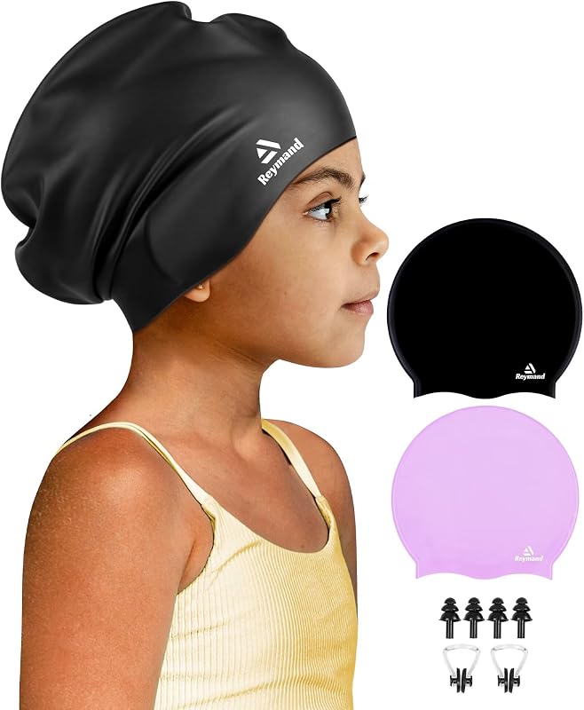 2 Pack Kids Extra Large Swim Cap for Long Thick Hair, Waterproof Silicone Swimming Cap for Toddler Child Youth Girls Boys, Durable Swim Hats Bathing Caps for Braids, Dreadlocks, Extensions, Afros