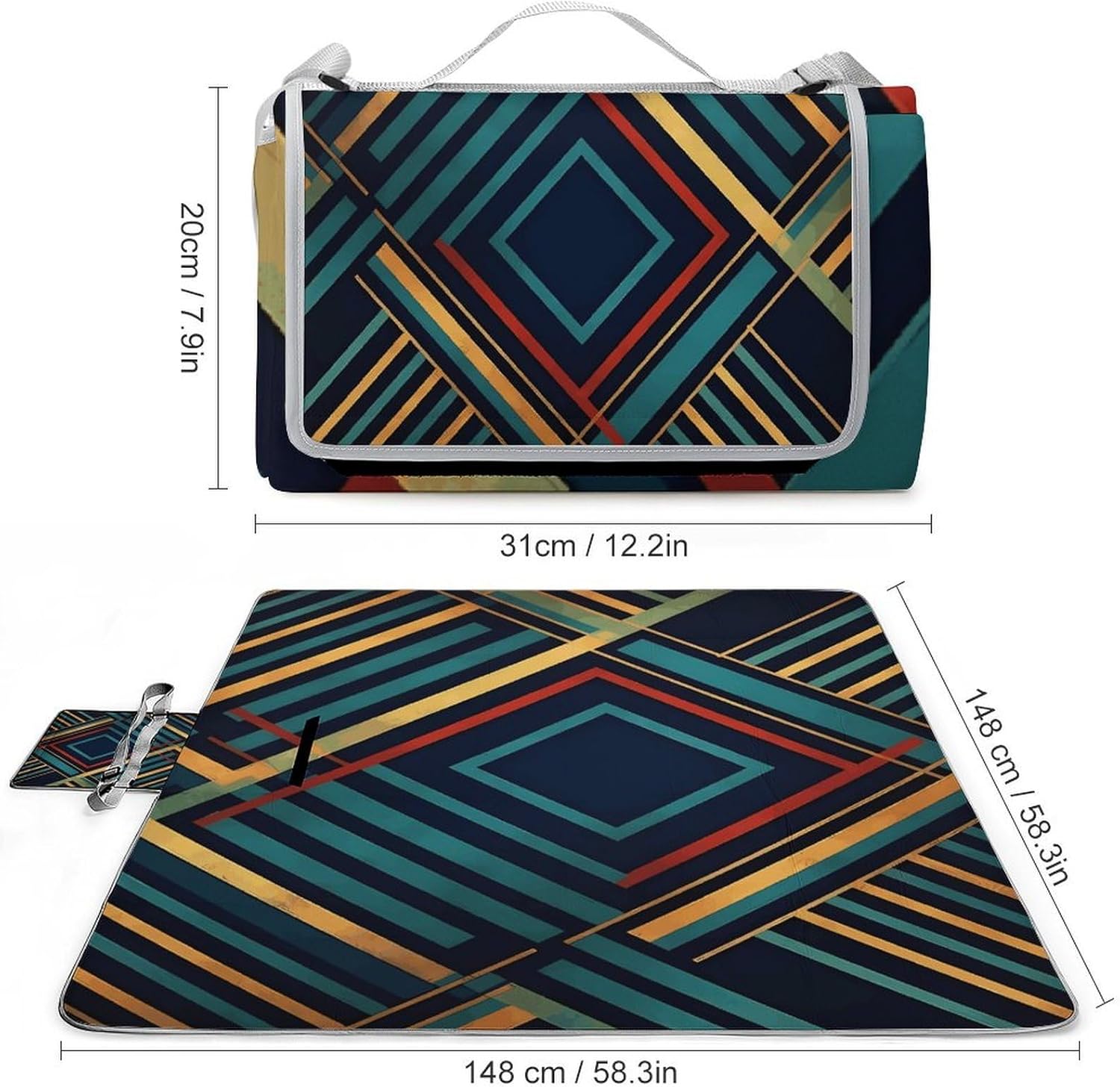 Abstract Geometric Striped Waterproof Picnic Blanket 58.3''x58.3'',Portable and Foldable Picnic Mat with Handle,Outdoor Blankets for Lawn Park Beach Travel