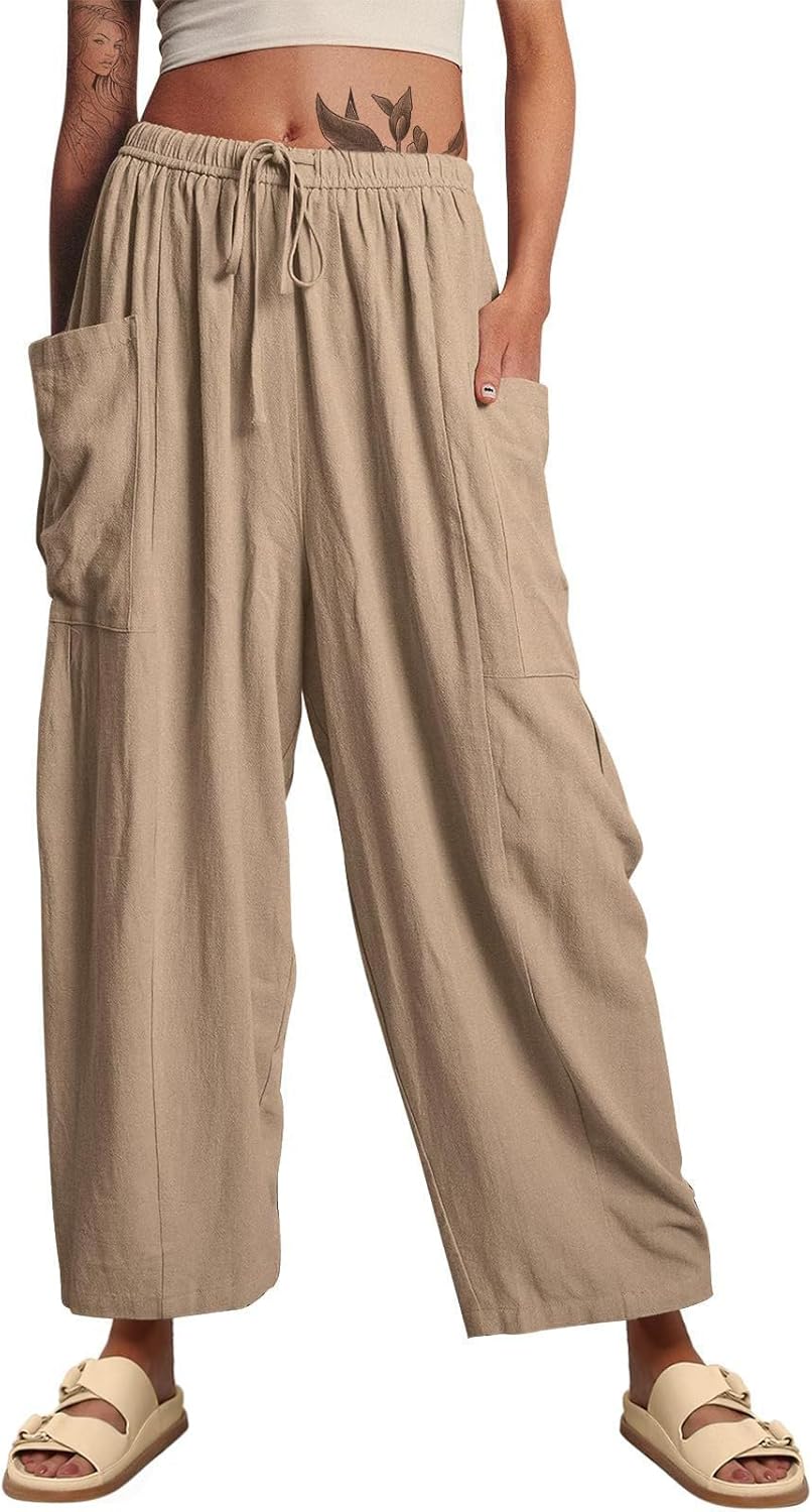 Linen Pants Women Petite Plain Plus Size Summer Beach Spring Fitted Cargo Pocket Ankle Length Lounge Pant