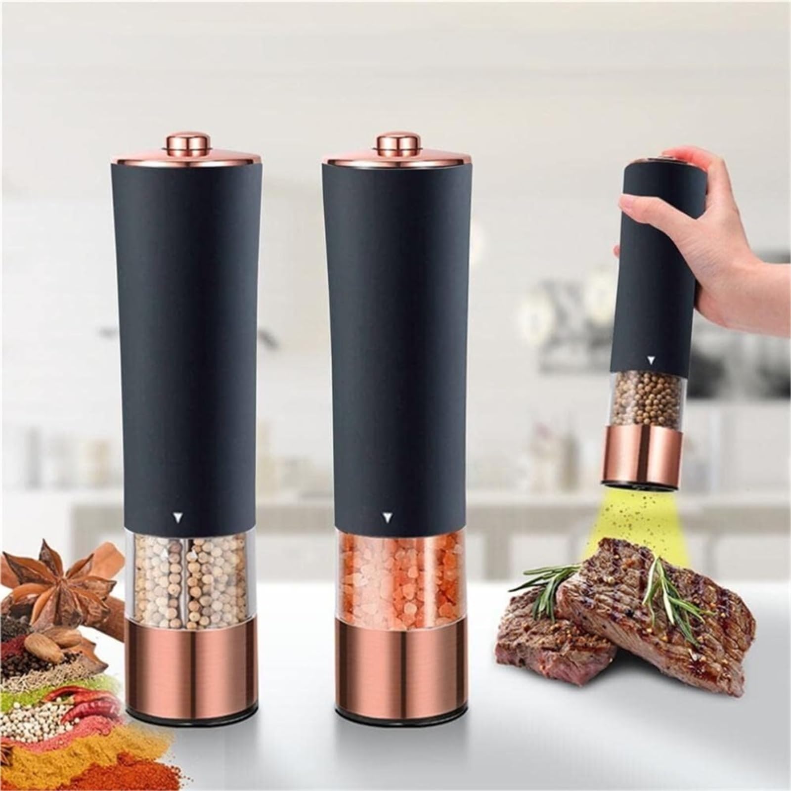 Macina Spezie Macinapepe Elettrico Regolabile in Acciaio Inox per Sale Pepe spezie Utensili da Cucina Macina Sale Pepe (Color : Nero, Size : 2pcs)