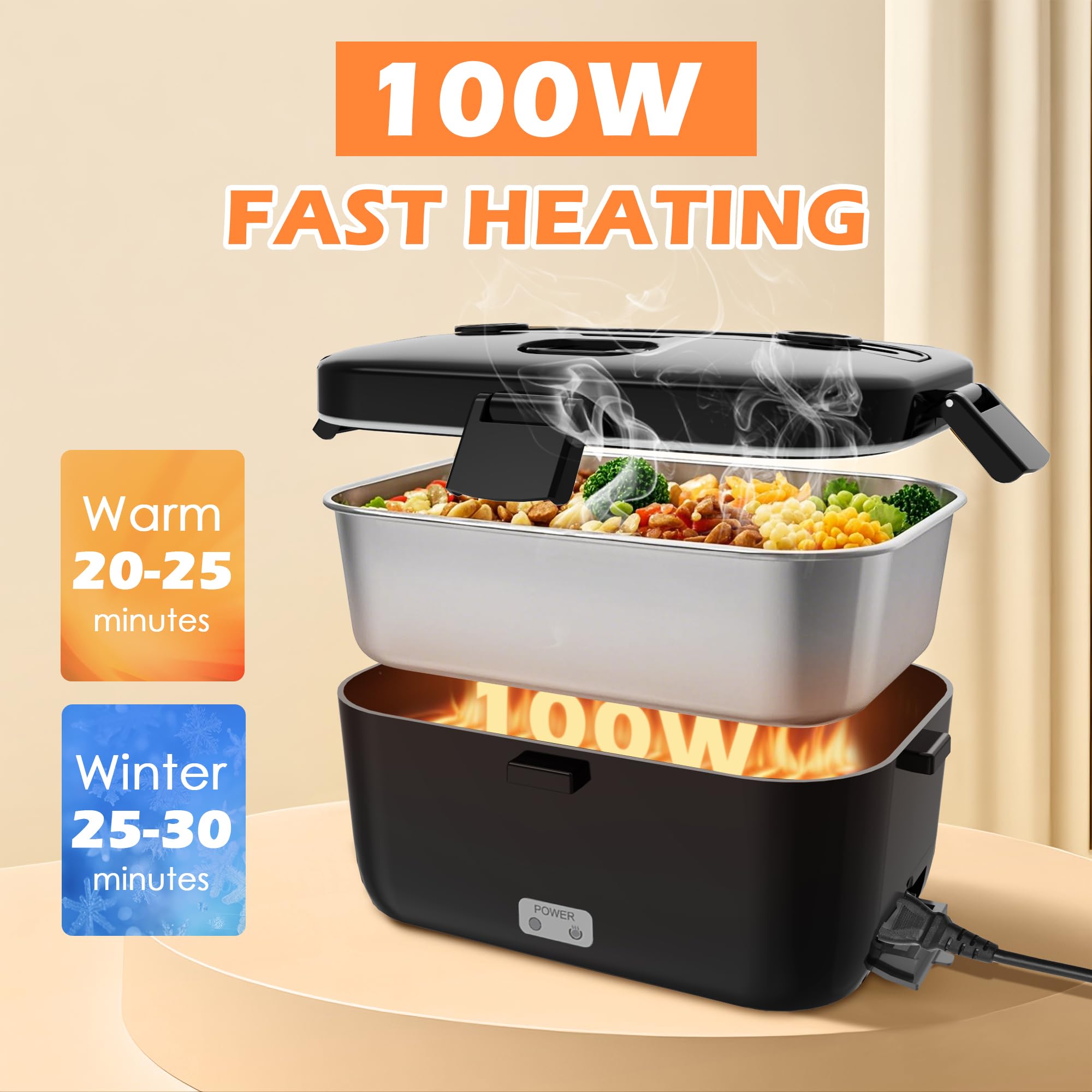 COZYEXPERT Lonchera eléctrica calentada de 100 W para adultos, calentador de alimentos portátil de 1,8 L para trabajo/coche, 12 V/24 V/110-230 V, Lonchera Eléctrica portátil con tenedor y cuchara