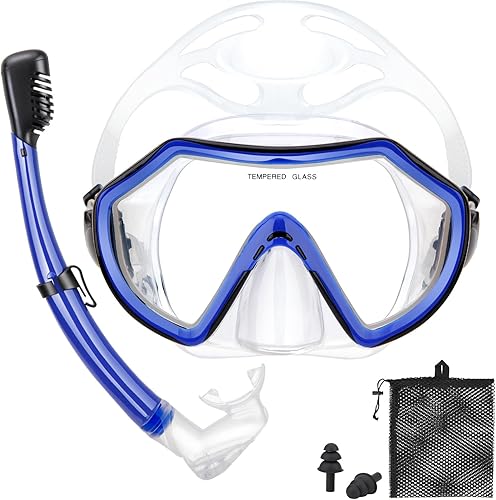Snorkeling Gear for Adults, Dry Adult Snorkel Set HD Panoramic View Snorkel Mask Set, Anti-Leak and Anti-Fog Scuba Diving Package with Mesh Bag Ear