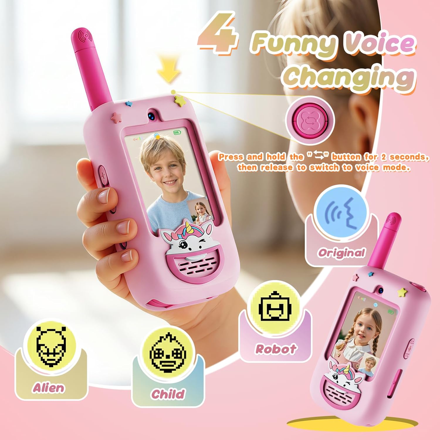 Kids Video Walkie Talkies, 2 Pack with Screen, Two Way Radio with 4 Voice Effects, Rechargeable Long Range Toys for Boys Girls Age 3-12, Camping Hiking Birthday Gift