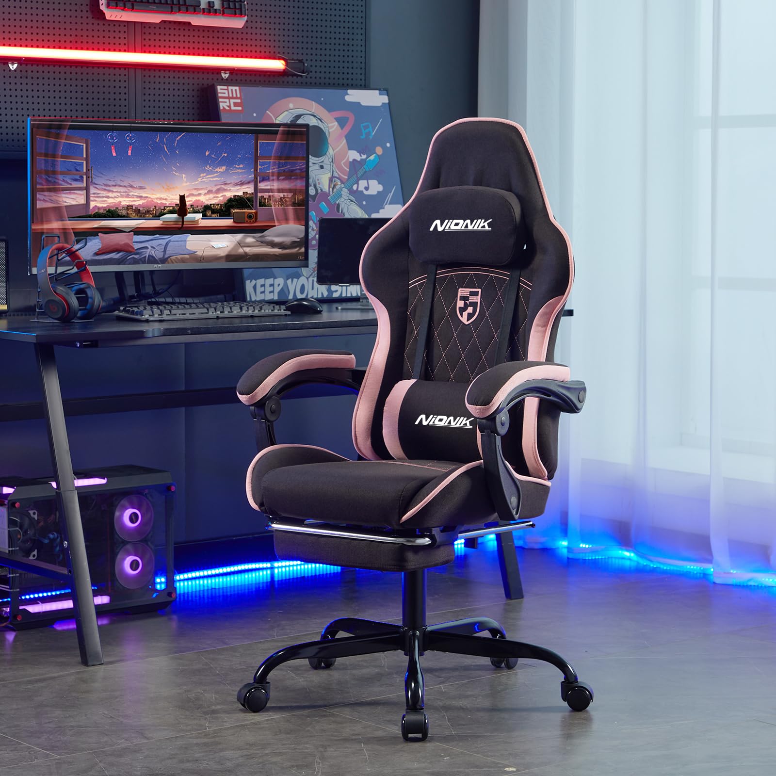 Gaming Stuhl, Racing Gaming Chair mit Fußstütze Ergonomischer Gaming-Stuhl Kopfstütze Verstellbarer Computerstuhl Höhenverstellbar Lendenwirbelstütze für Homeoffice und Gaming Blackpink