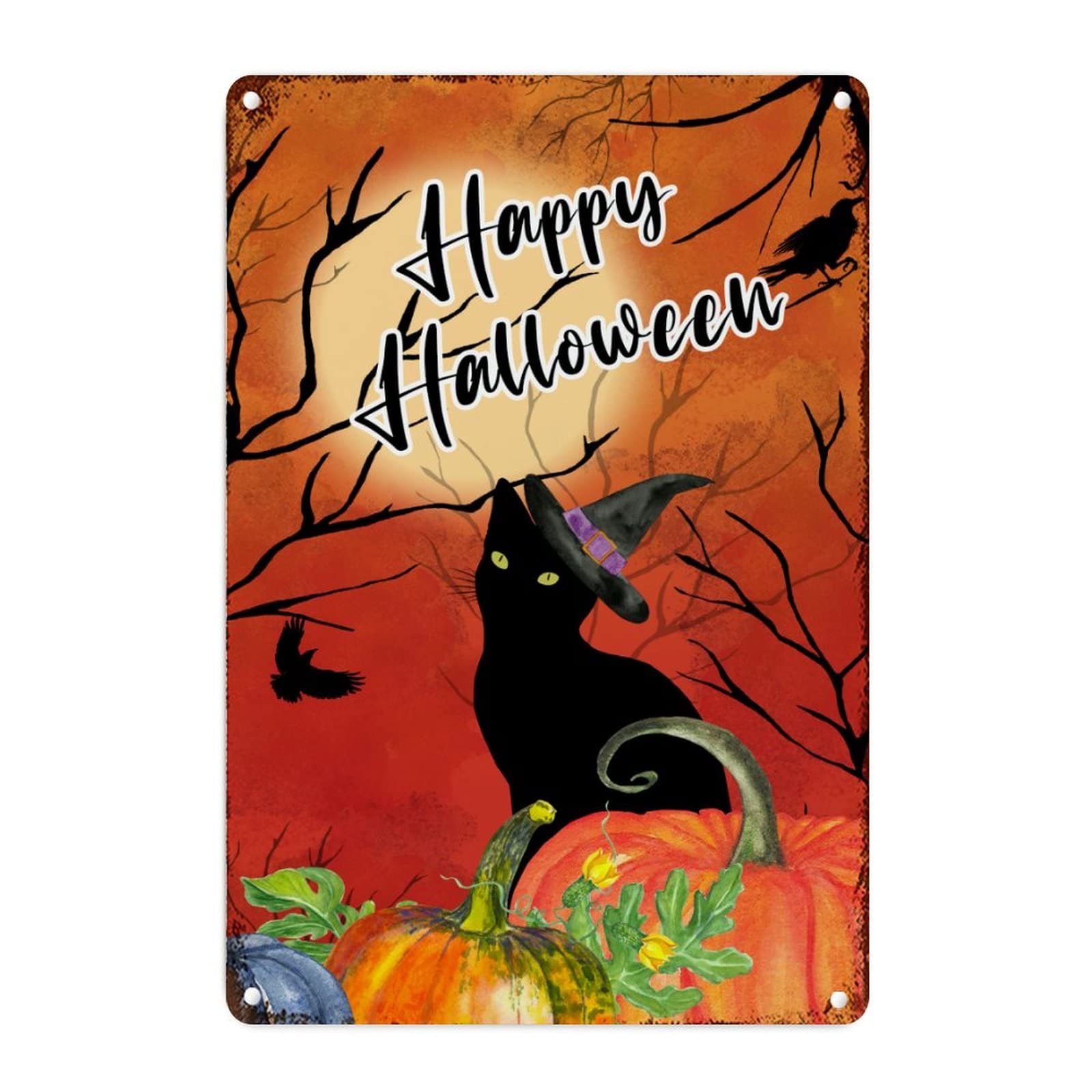 Panneau rétro en métal chat noir et citrouille plaque aluminium décoration automne Halloween