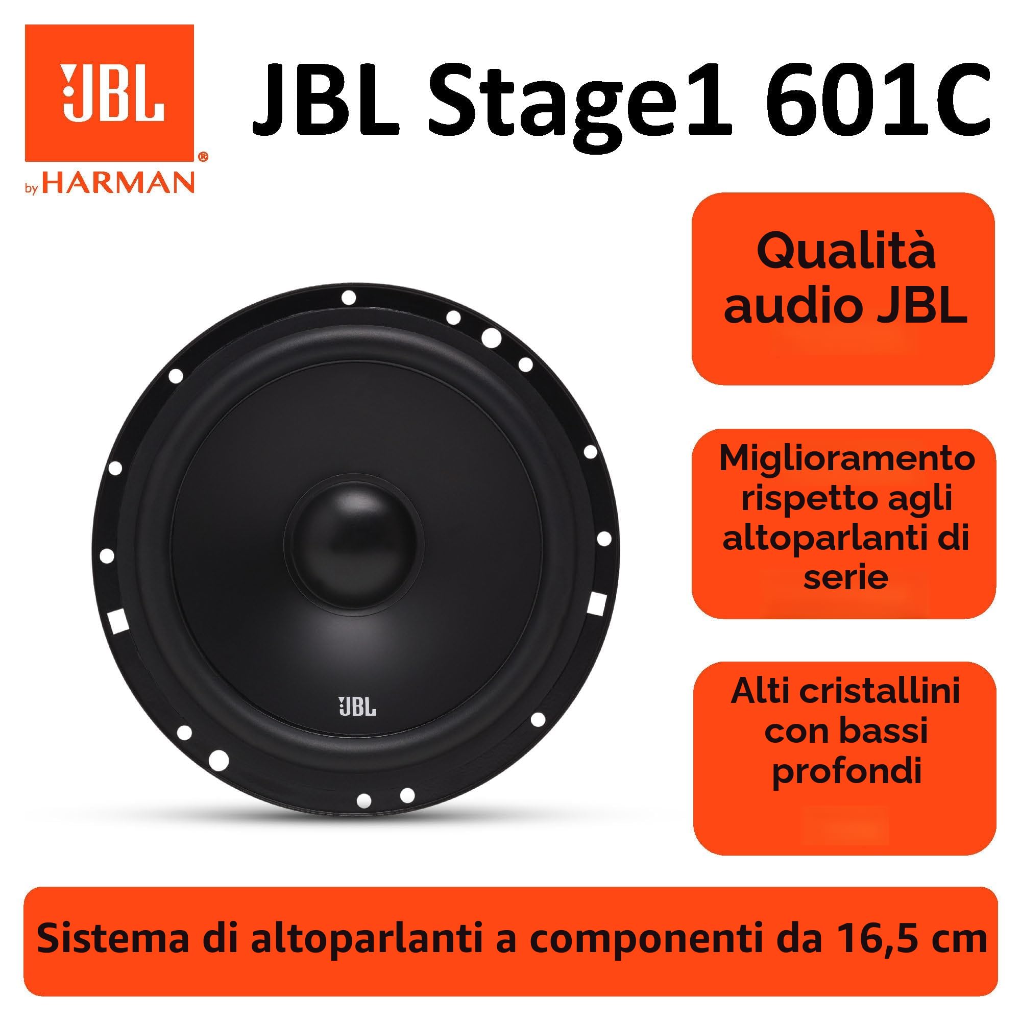 JBL Stage1 601C 2-Vie Impianto Altoparlanti Stereo Auto di Harman Kardon - Set di Casse Auto a 200 Watt da 16 - 17 cm a parete e tweeter a parete