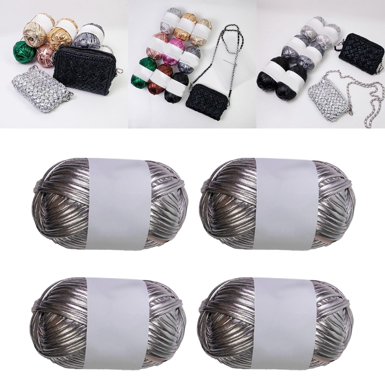 rockible 4X Metallic-T-Shirt-Garn, Polyestergarn, DIY-Strickstoff, glänzendes Stoffgarn, Strickgarn-Set für DIY-Taschen, Bastelprojekte, Silber Grau