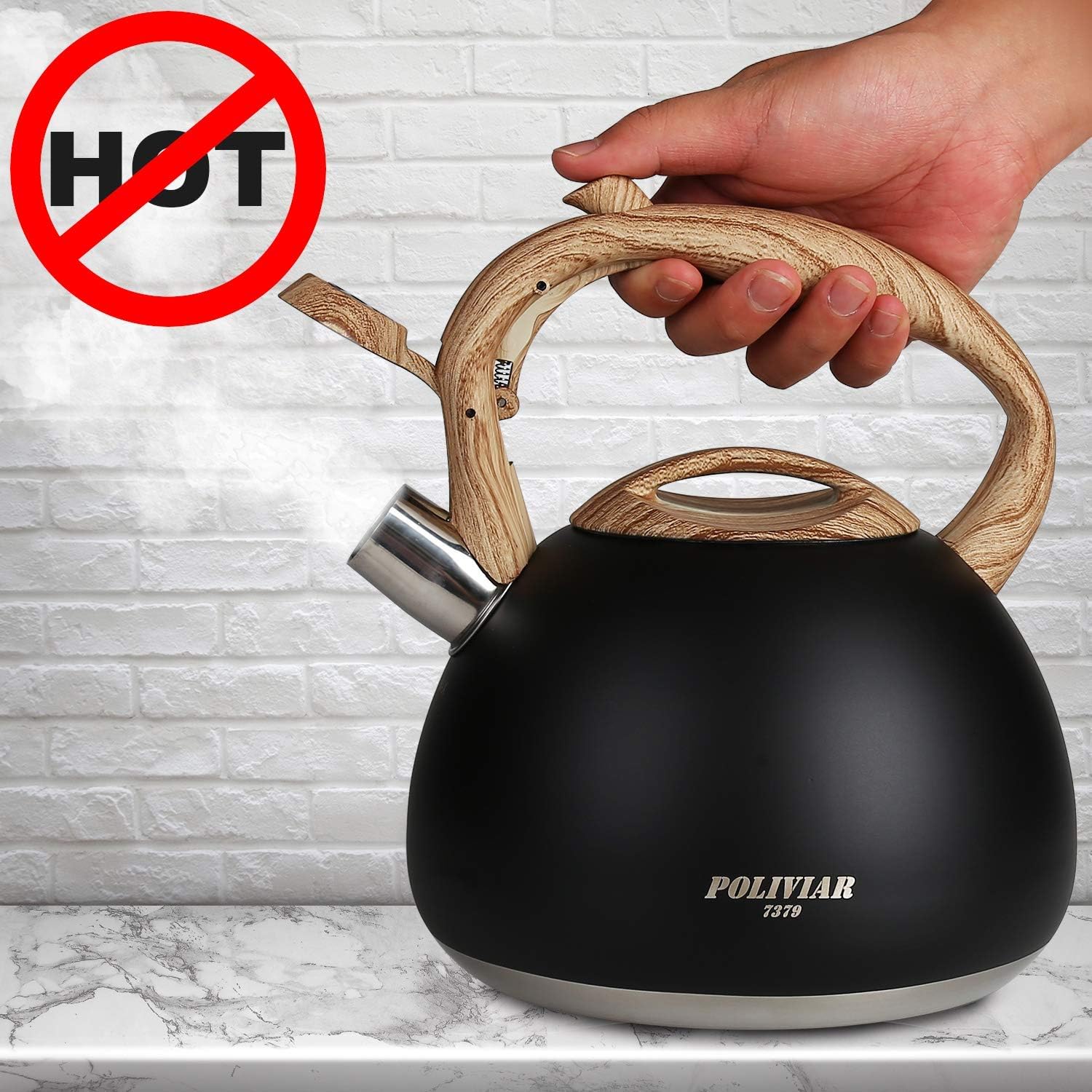 POLIVIAR Tea Kettle, Black Ti/Natural Stone Stovetop Tea Kettle 2.7 Quart, Audible Whistling Teapot, Food Grade Stainless Steel and Anti Hot Handle, Suitable for All Heat Sources