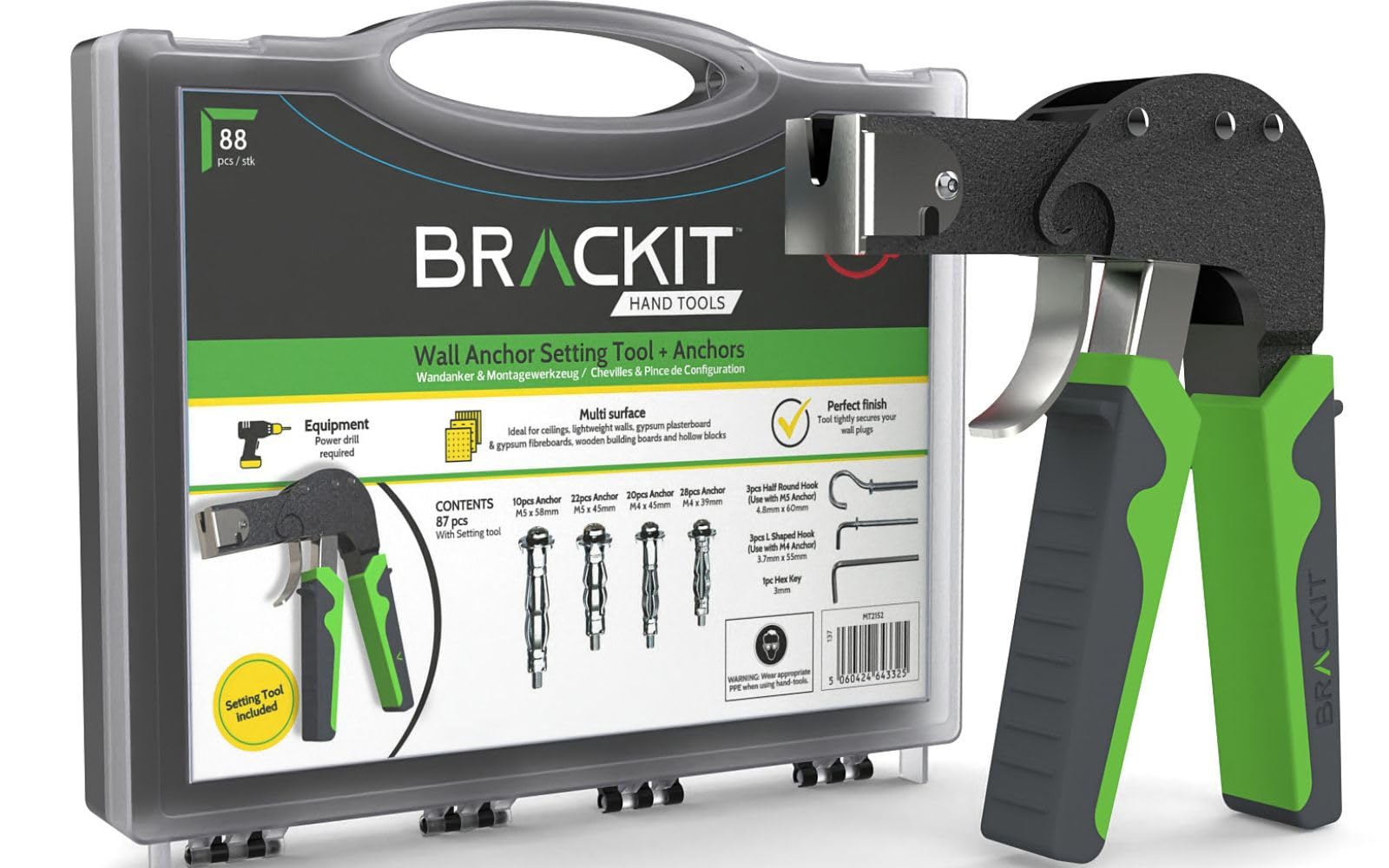 Brackit Plasterboard Fixing 88 Piece Wall Anchor Setting Tool Kit - in Carry Case with Instructions – for Cavity, Drywall & and Wall Mounting Includes Wall Hooks