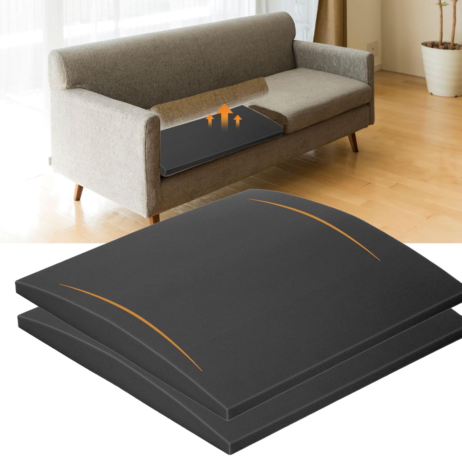 Couch Cushions Support for Sagging Seats, Curved 20" x 20" High-Density Foam Support Board for Under Cushions, Firm Sofa Seat Repair Insert for Sectionals, Loveseats & Chairs，Black 2pcs