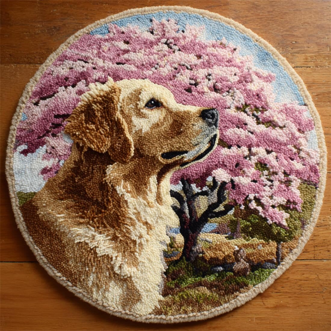 Rqwybcaxn DIY Rug Latch Hook Kits for Adults Animal Needlework Kit Golden Retriever and Flower Tree 50x50cm Round Tapestry with Crochet Hook Living Room Craft Gift