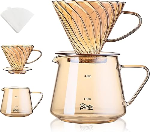 Bincoo Juego de café de vidrio de 20.3 fl oz, juego de cafetera de vidrio con gotero, cafetera V60 con filtro de papel de 50 unidades para el hogar