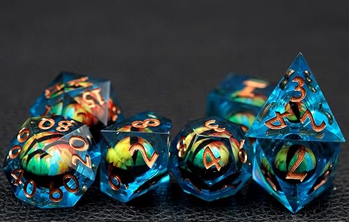 Miniatura 5 de DND - Juego de dados Dungeons and Dragons, 7 piezas de dados de ojo de núcleo líquido, D&D, Dungeons and Dragons, dados de resina de borde afilado