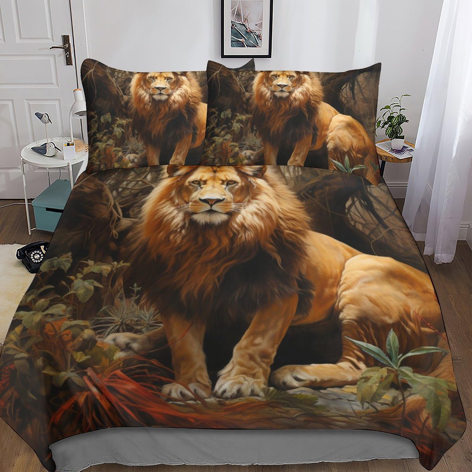 Parure de lit lion 3D en microfibre avec housse de couette et taies d'oreiller pour ado