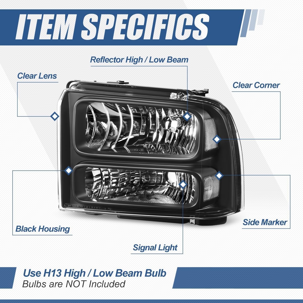 Auto Dynasty Factory Style Headlights Assembly Car Headlamp Compatible with Ford F-250 F-350 F-450 F-550 Super Duty Excursion 1999-2004, Driver and Passenger Side, Black Housing Clear Reflector