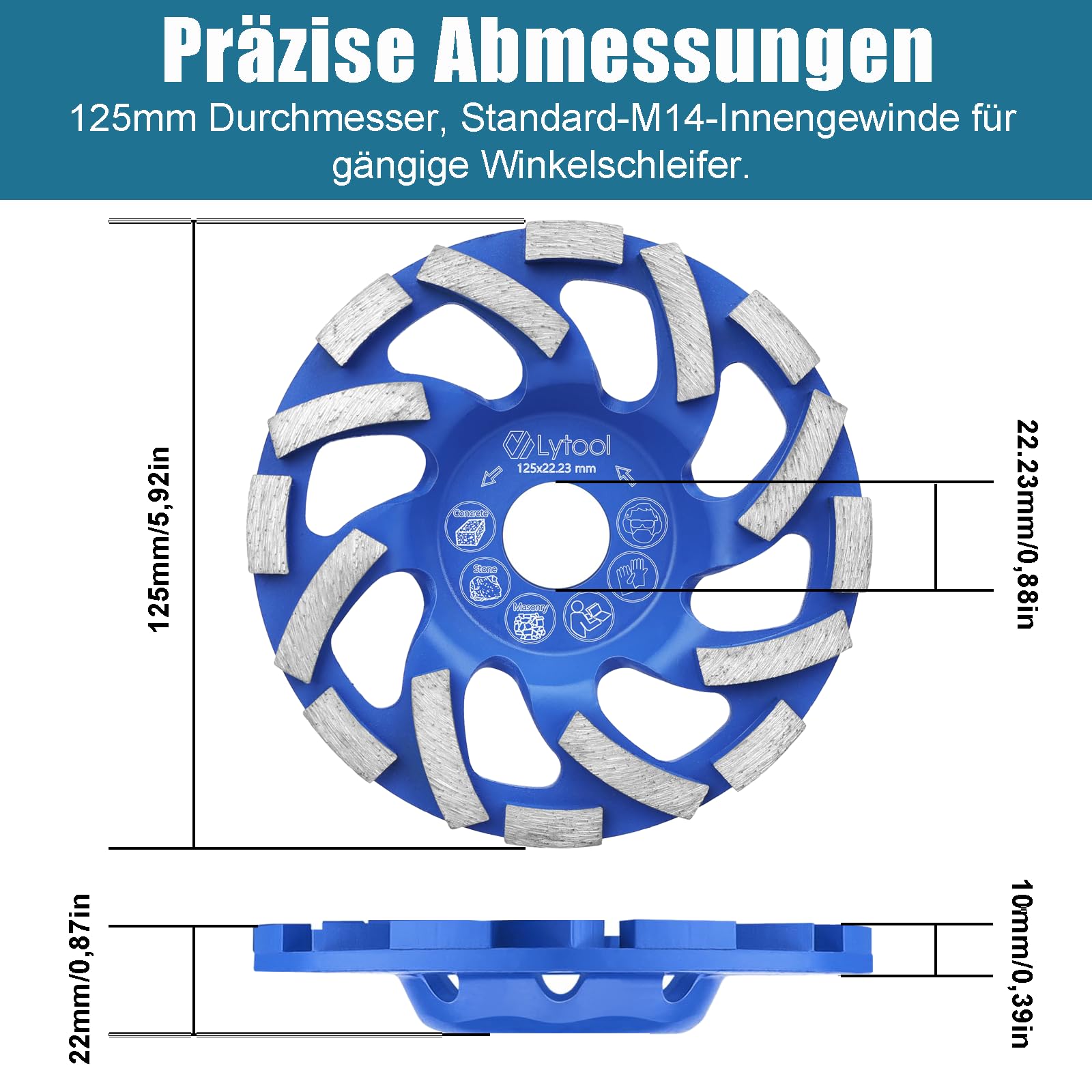 Meule diamantée 125 x 22,23 mm - Qualité professionnelle - Disque de ponçage et roue diamantée - Ponceuse à béton efficace pour chape, granit, colle à carrelage et pierre naturelle