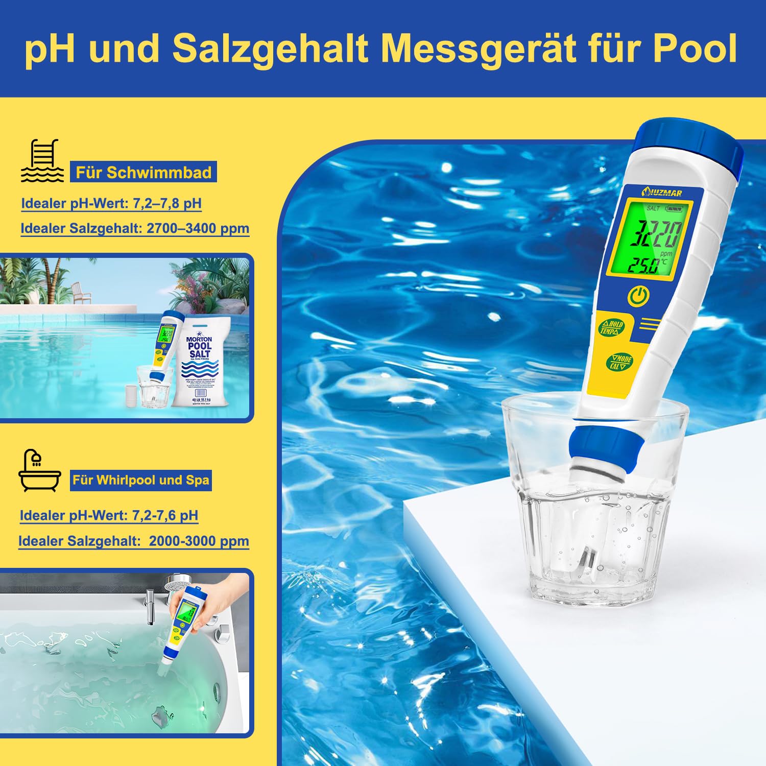 UIUZMAR Salzgehalt Messgerät für Poolwasser, Digitales pH und Salzmessgerät für Pool, Größerer Bildschirm, 5-in-1 pH Salz EC TDS Temperatur Wasser Tester für Hydrokultur, Aquarium, Spa