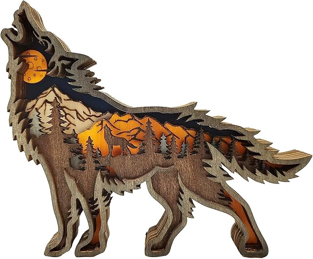 NA Wood Carving Wolf Ornament Howling Wolf Statue Wolf Gift for Living Room Decorative Home Accessories Desk Decoration