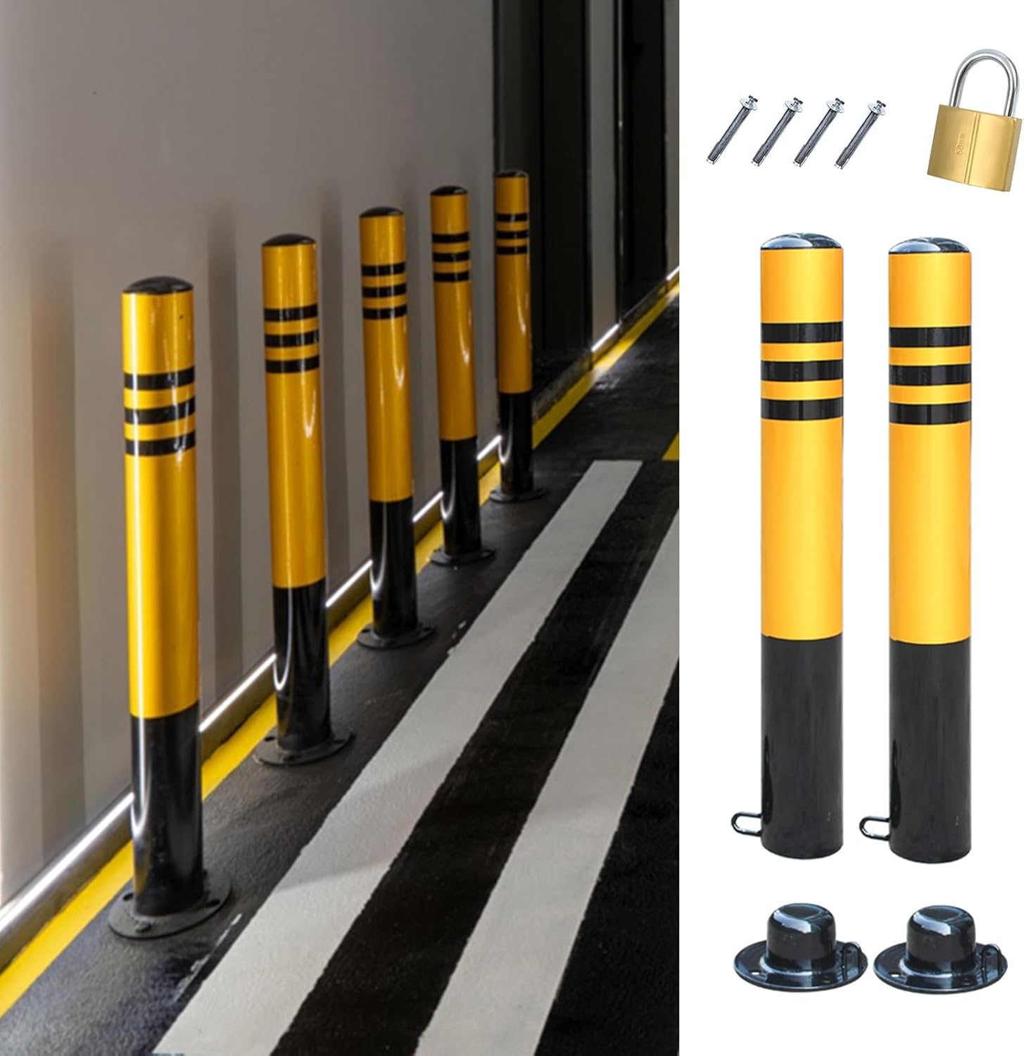 Portable Garage Parking Bollards, Reflective Safety Traffic Blockers for Sensitive Areas, Heavy-Duty Metal Pipe, Bolts & Lock Included