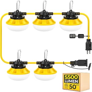 50FT 50W LED Work String Lights, 5-Light,18/2 SJTW,ETL Certified | Linkable Up To 16 Sets,Construction Temporary Light, 5000K, IP65 Waterproof, Hanging Hook,5500LM, For Attic, Garage, Jobsite