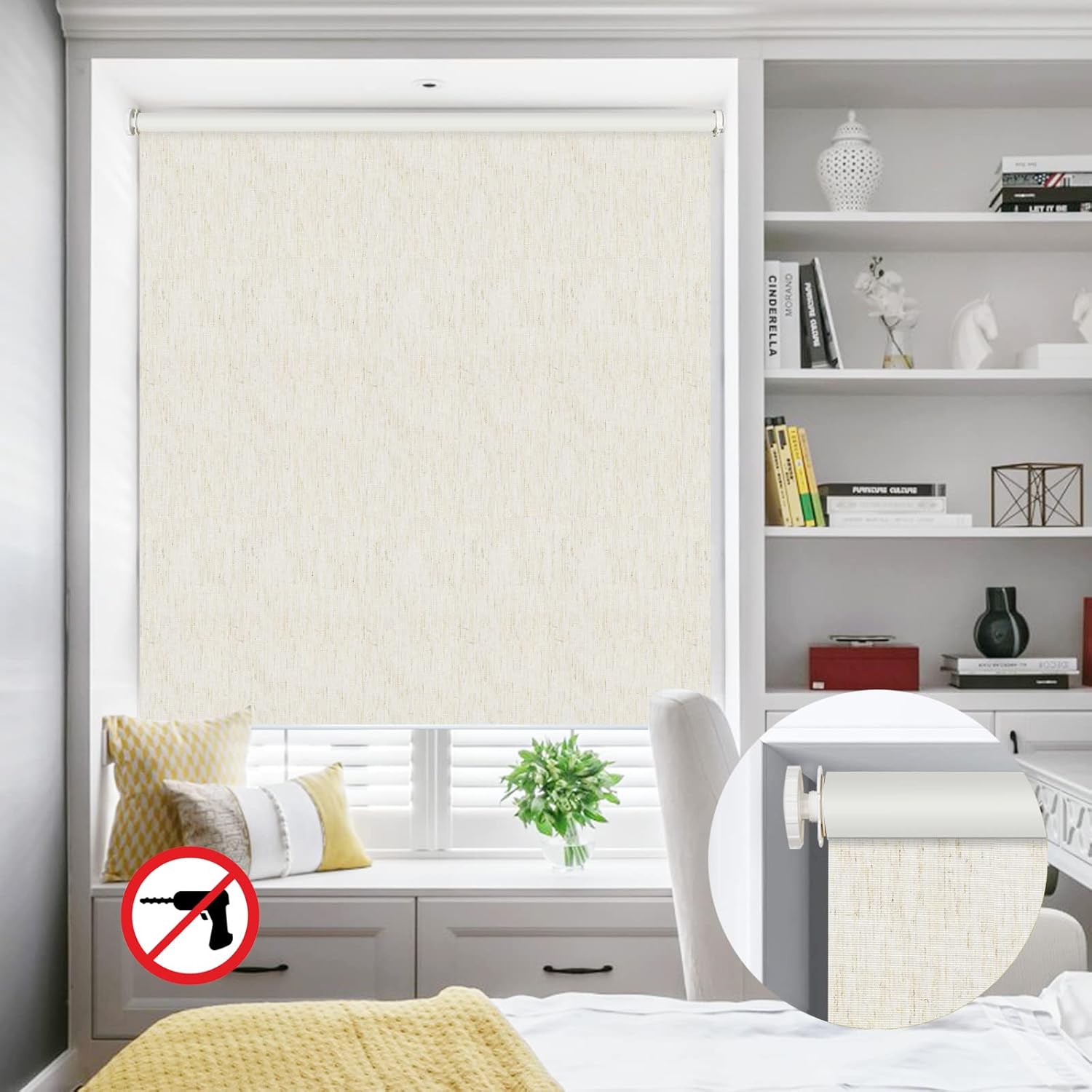 No Drill Inside Mount Blackout Roller Shades Custom No Tools Tension Window Blinds Premium Fabrics UV Protection Easy to Install for Office Living Room, Bedroom, Kitchen, Linen Coffee