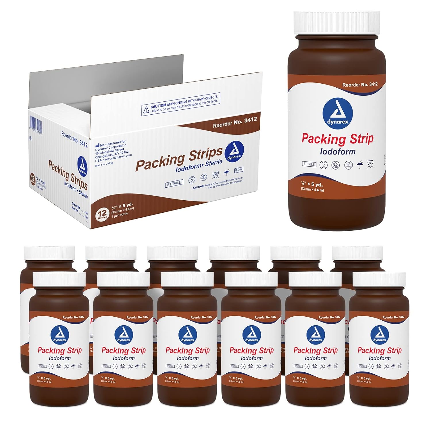 Dynarex Iodoform Packing Strip, Sterile Wound Care, 100% Cotton Woven Medical Packing Strip, Soft & Absorbent, 1/2” x 5 yd., 1 Case of 12 Packing Strip in Jars