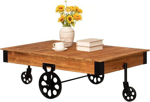 Vintiquewise Large Rustic Vintage Industrial Wooden Coffee Table with Detailed Wood Grain Metal Accents and Black Cast Iron Cart Wheels Perfect for Farmhouse and Loft-Style Interiors