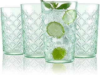 CREATIVELAND Drinking Highball Glasses Set of 4, Vintage Cross Hatch Glass Cups, 16.2oz Tall Drinking Water Glasses, Dishwasher Safe Green Glass Tumbler Glassware for Water, Juice, Cocktail, Coffee