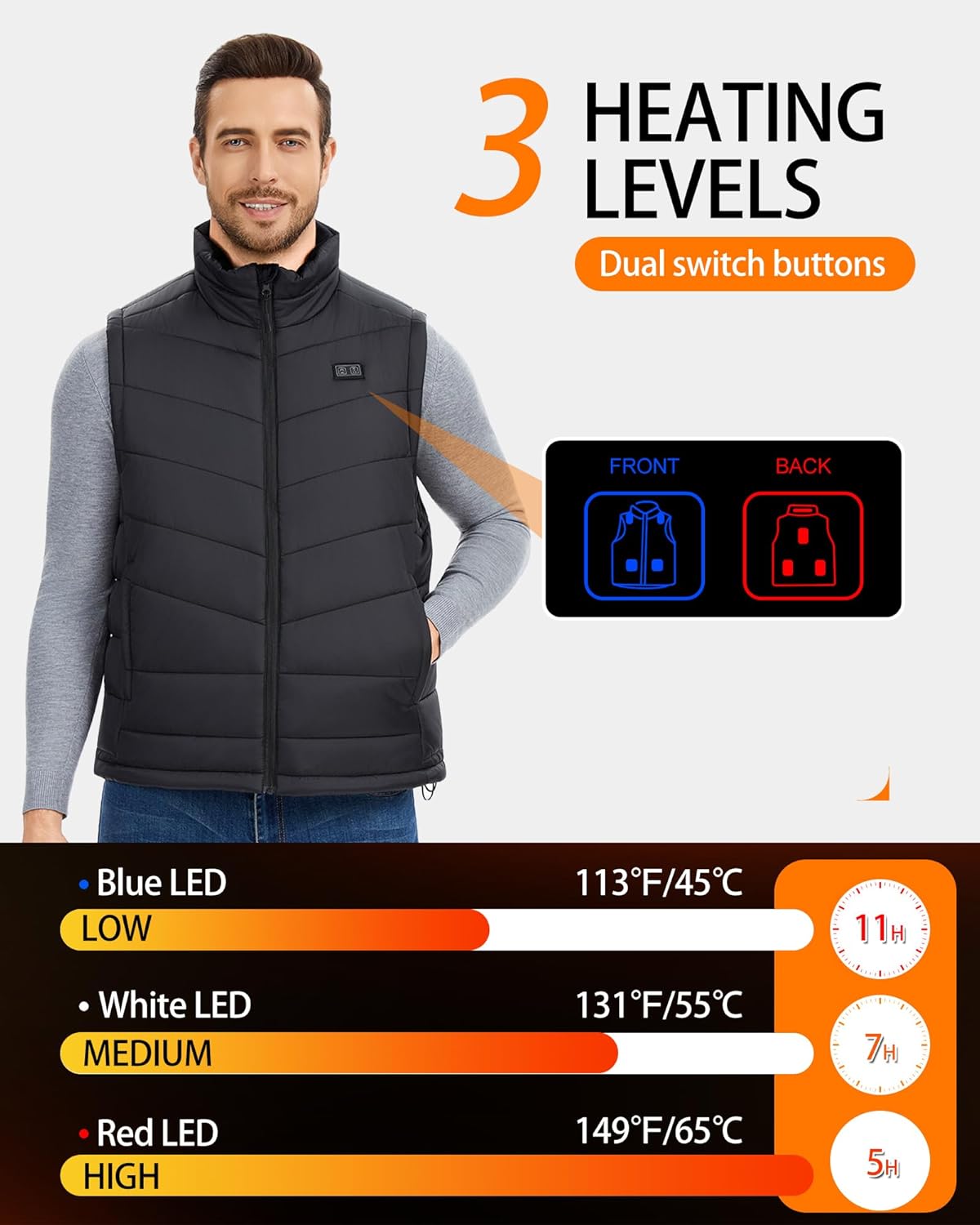 Heated Vest for Men with 18400mAh 7.4V Battery Pack，Electric Warming Vest with Pockets - Image 4