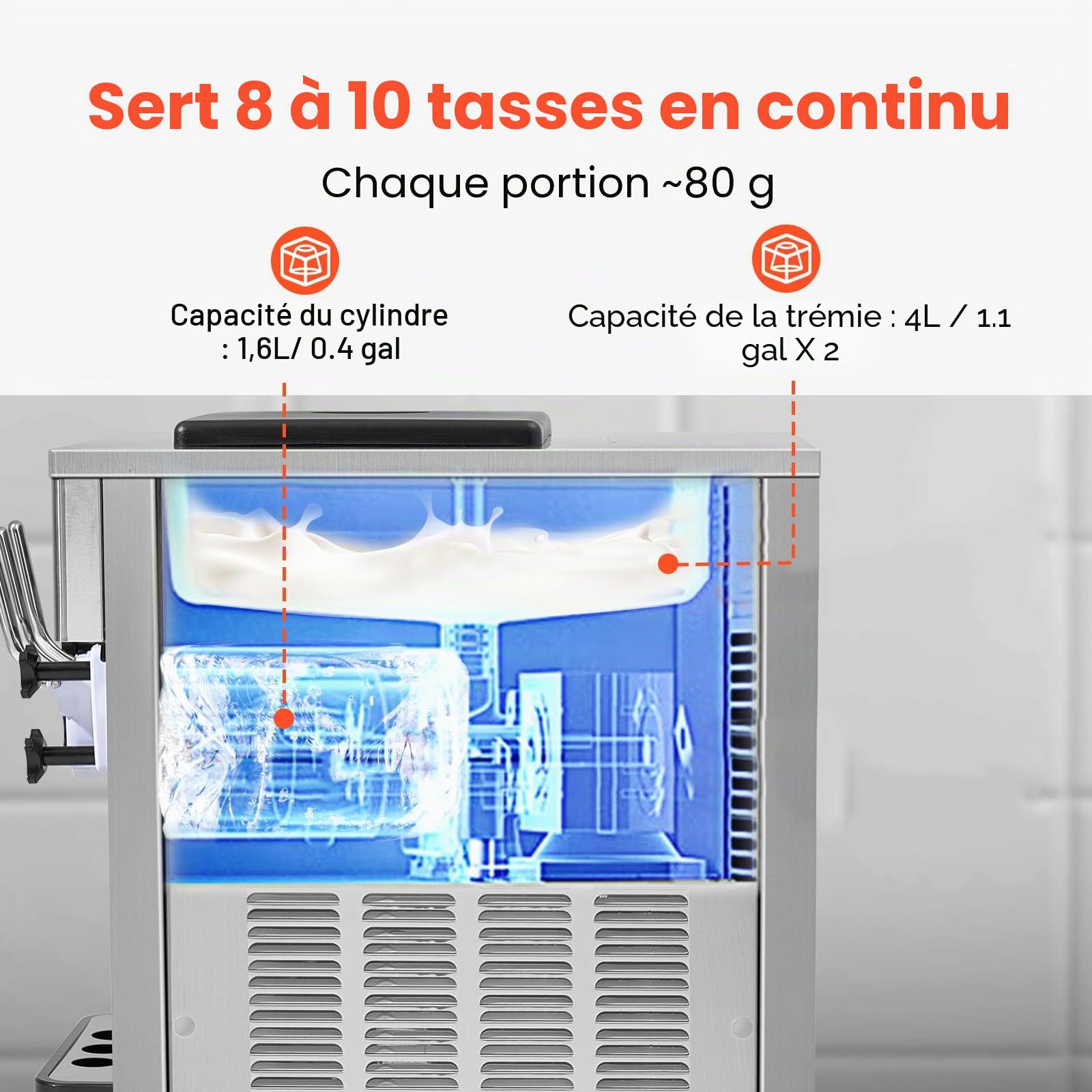 VEVOR Machine à Crème Glacée Commerciale 20 L/h 1800 W 3 Saveurs, Machine à Glace Italienne Trémie 2x4 L, Pré-Réfrigération, Nettoyage Automatique, pour Yaourt Café Snack-Bar Restaurant Supermarché