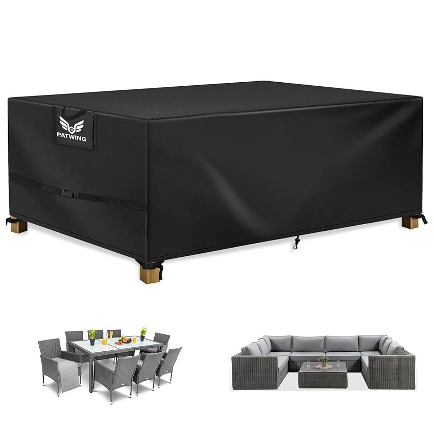 PATWING Copertura per Mobili da Giardino,Copertura Tavolo Esterno Impermeabile,Esterno Copritavolo Impermeabile Antivento Resistente allo Anti UV (Nero, 170 * 94 * 70cm(600D))