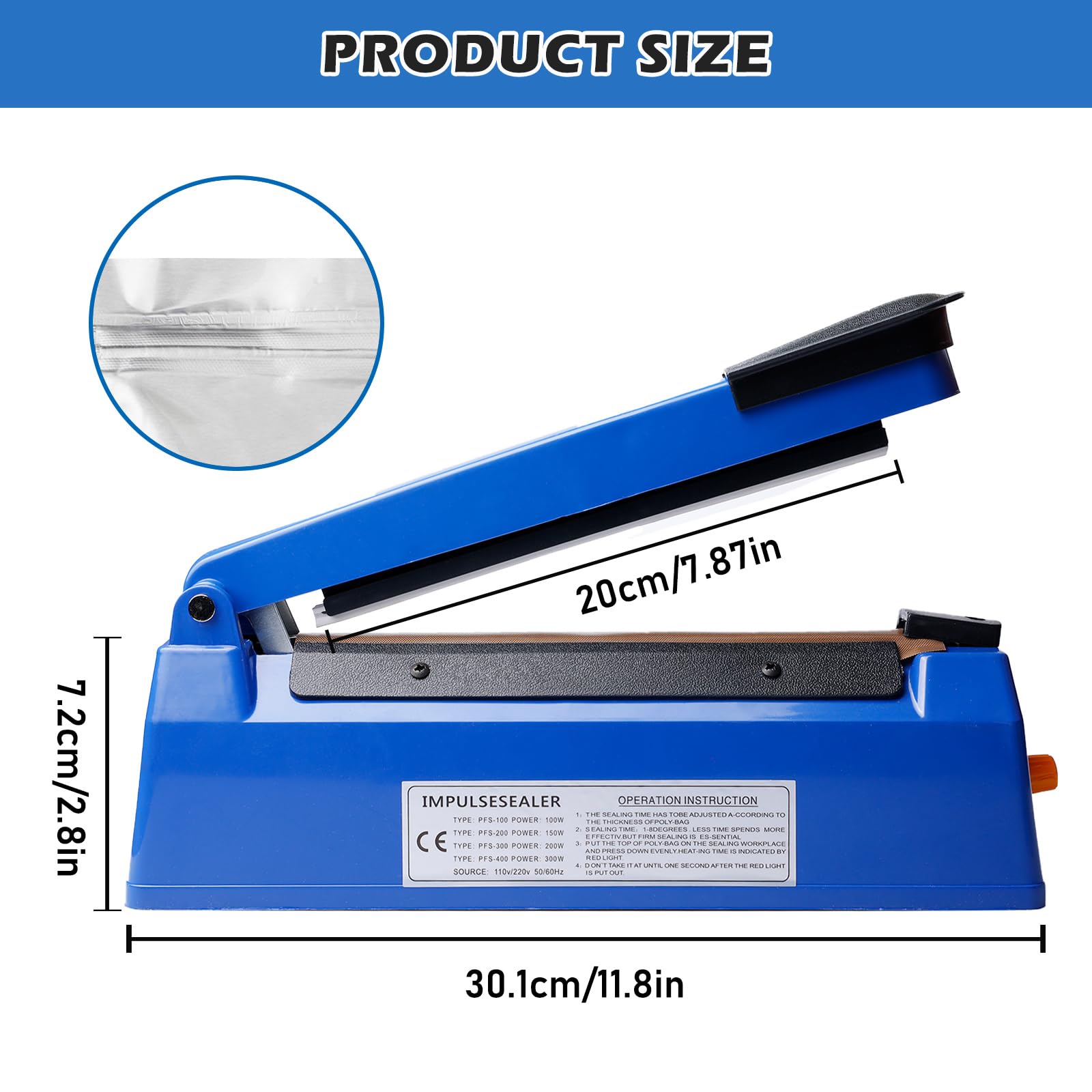 Dispositivo de sellado térmico de 300 mm con ancho de sellado de 3 mm, máquina de sellado de barras, máquina de sellado de bolsas, máquina de sellado, máquina de sellado manual para bolsas de