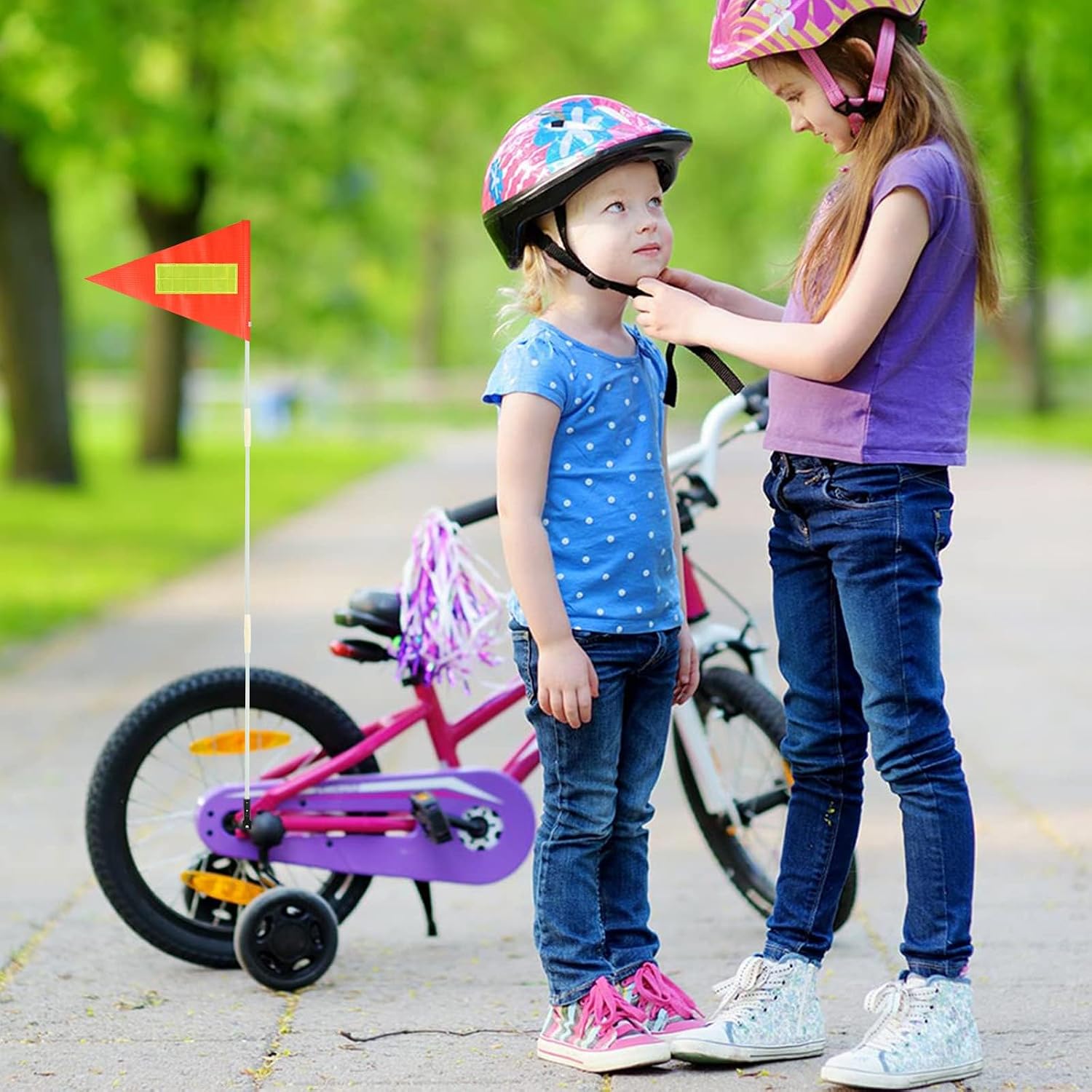 2 Sets Bike Safety Flag with Pole Heavy Duty Fiberglass Pole US Flag Orange Safety Flag Adjustable Bicycle Flag Pole for Outdoor Cycling Supplies
