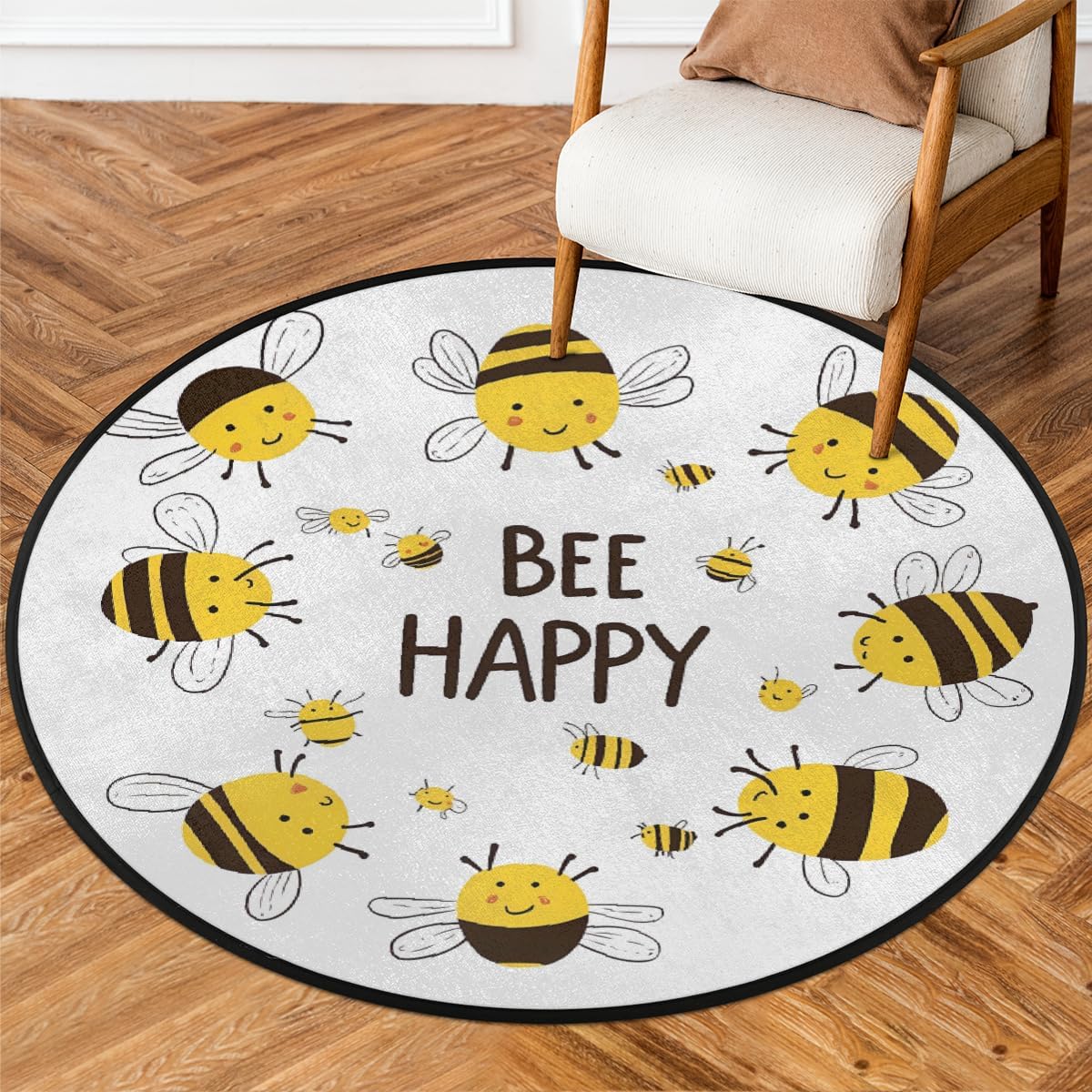 Round Rug 3ft Animal Bee Happy Washable Area Rugs Non Slip Absorbent Floor Door Mat Circle Rug Carpet for Kids Living Room Bathroom Home